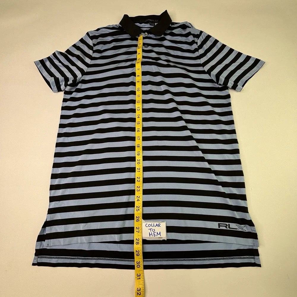 RLX Ralph Lauren Polo Shirt Mens Medium Blue Stripe Golf Performance Knit‎